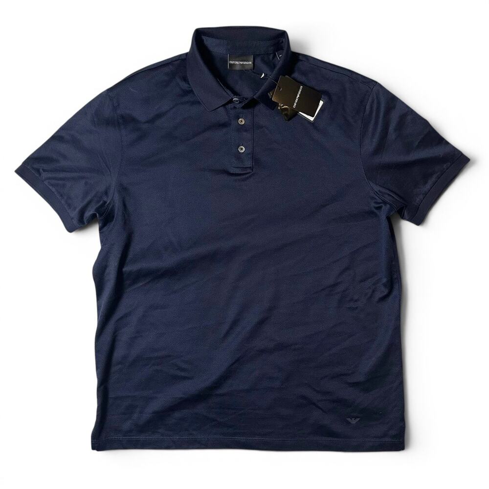 Emporio Armani Pique Cotton Polo Shirt Mens Size XL Navy Blue Logo NWT